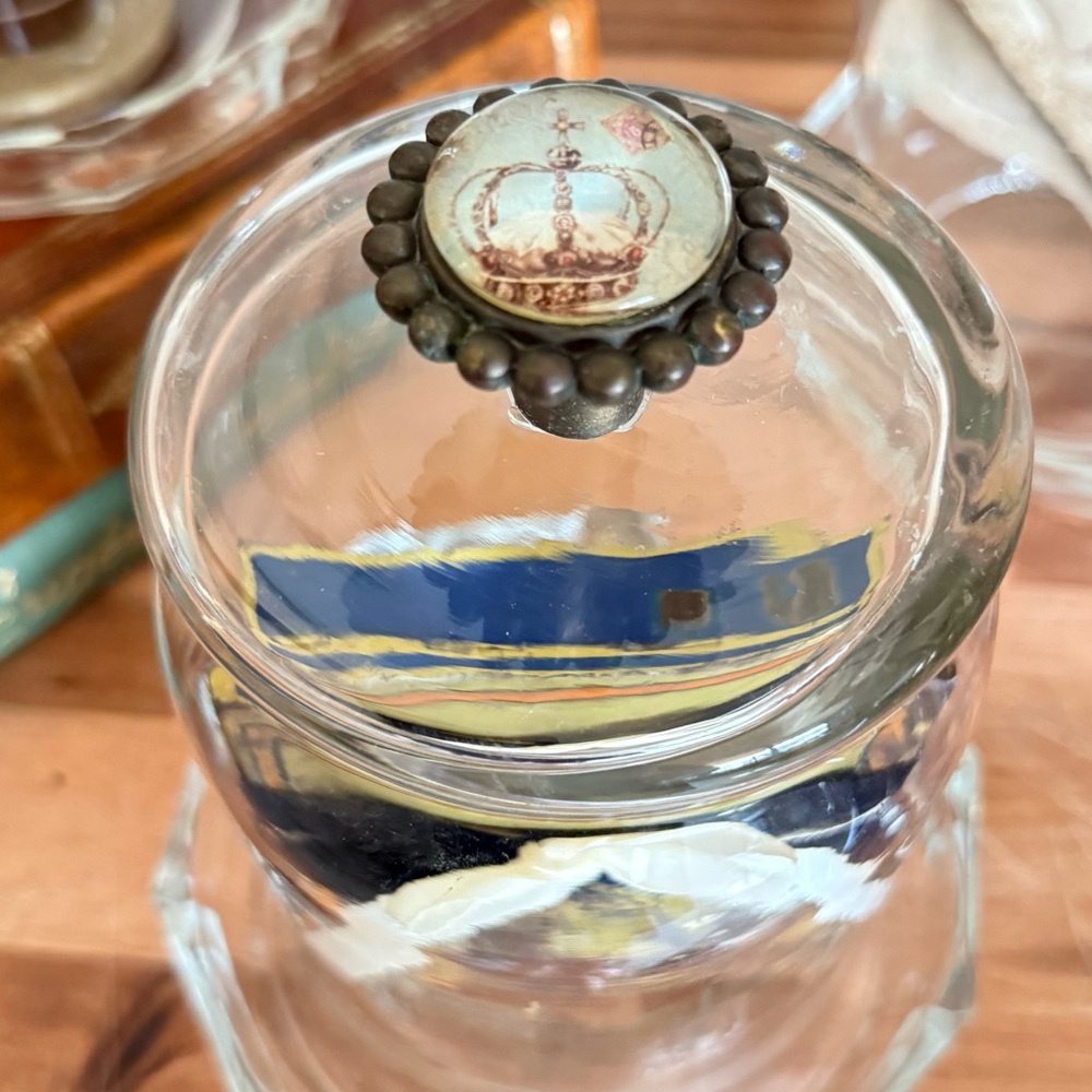Vintage Italian Crystal Base with Glass Display Cloche, Crown Finial